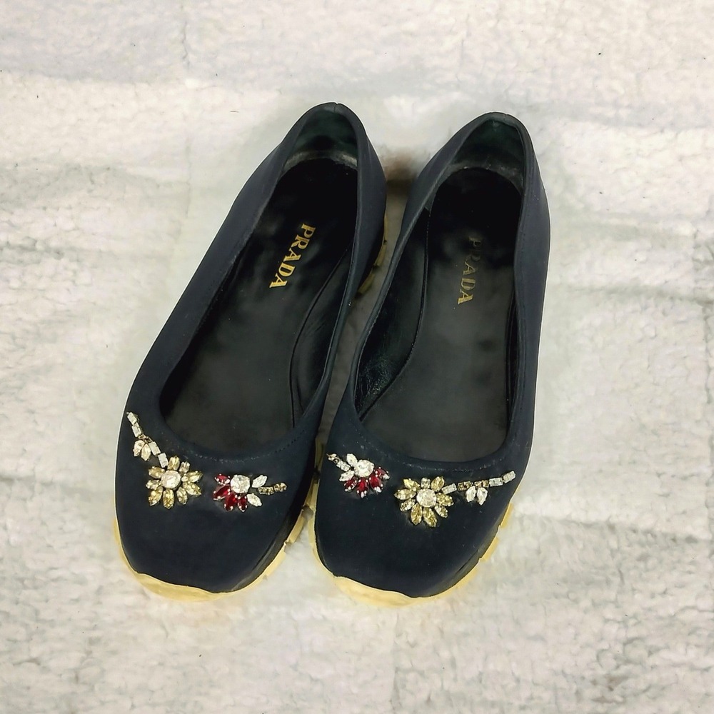 Vintage Prada Crystal Rhinestone Embellished Nylon Lug Sole Ballet Flats Navy‎